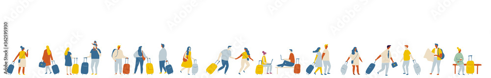 Tiny vector people with baggage in airport. People crowd, background people Tiny vector people with baggage in airport. People crowd, background people