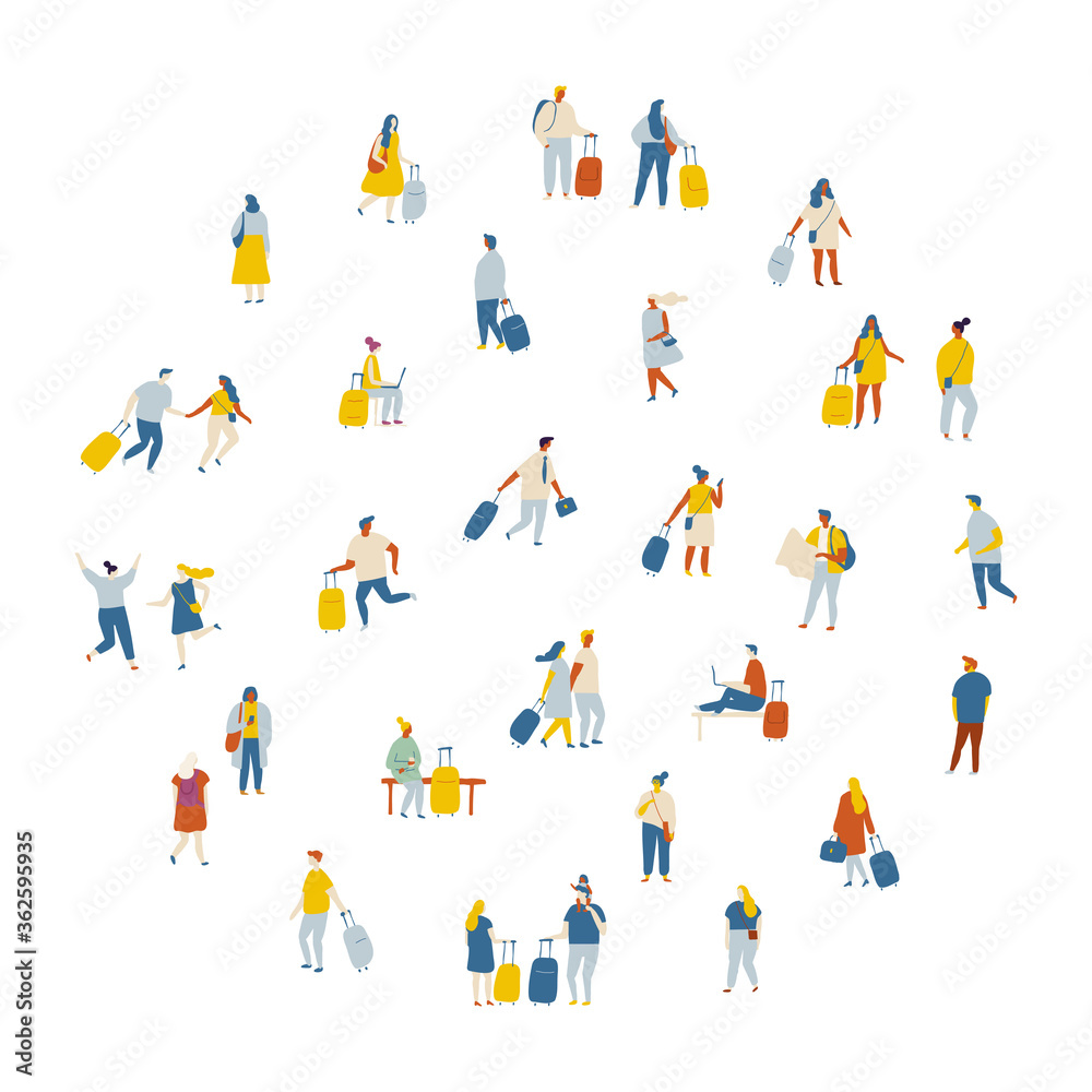 Tiny vector people with baggage in airport. People crowd, background people