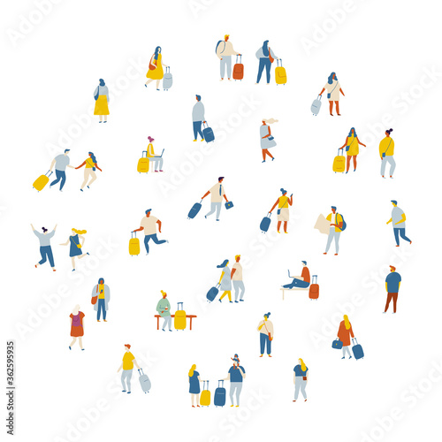 Tiny vector people with baggage in airport. People crowd  background people