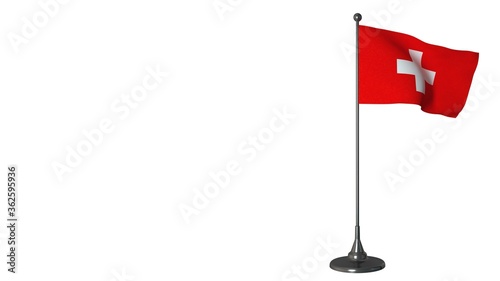 Switzerland small flag fluttering on a flagpole. White screen background, 3d rendering