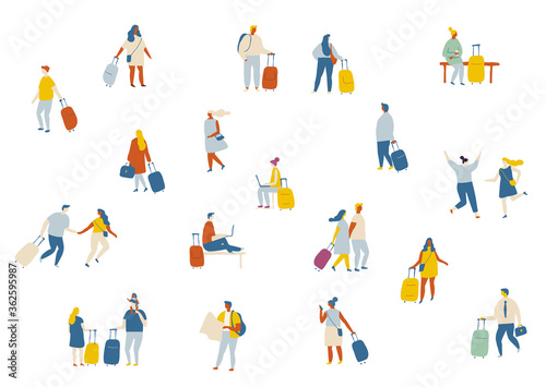 Tiny vector people with baggage in airport. People crowd, background people