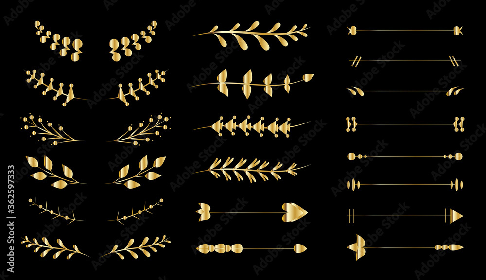 Flourish vector ornaments set isolated on black background. Hand drawn ...