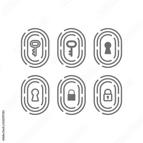 Fingerprint with key, keyhole and padlock icon. Safe and secure identification concept, biometric identity vector sign.