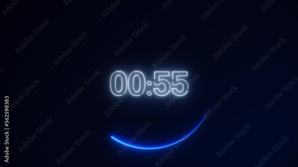 White Neon Light 60 Seconds Countdown on black background. Running dynamic light. Timer from 60 to 0 seconds. 1 minute countdown. 30 or 10 seconds. Speed running circle light