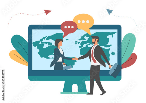 Business Concept Vector Illustration Request a summary online via transaction The launch of a new venture, shaking hands online business deal