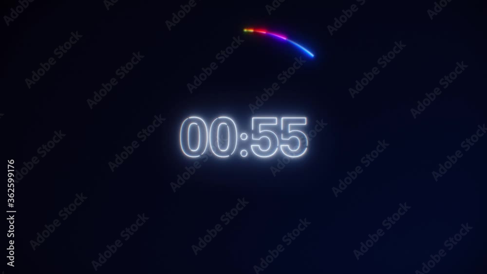 White Neon Light 60 Seconds Countdown on black background. Running dynamic light. Timer from 60 to 0 seconds. 1 minute countdown. 30 or 10 seconds. Rainbow Speed running circle light