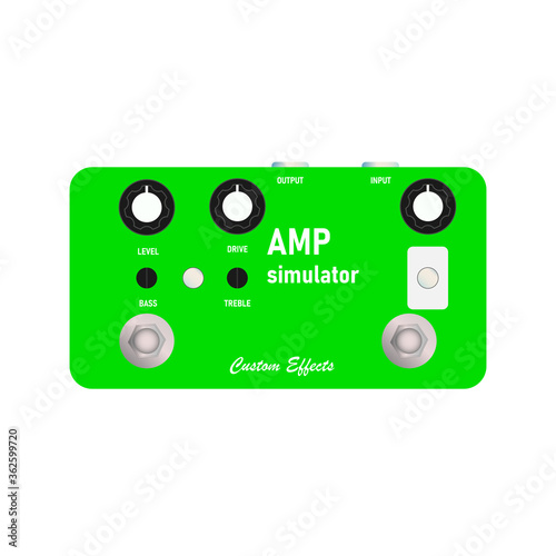 boutique neon green amplifier simulator vintage distortion sounds electric guitar stompbox effect with black knob, graphic icon design. t-shirt artwork. Use in the music business.