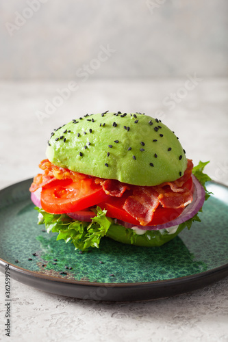 keto paleo diet avocado burger with bacon, lettuce, tomato