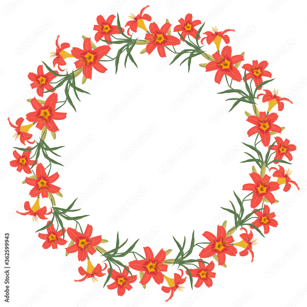 Floral round frame from lilies flowers. Orange flowers of lilies with buds and green leaves on a white background. Greeting card template. Vector illustration Floral round frame from lilies flowers. Orange flowers of lilies with buds and green leaves on a white background. Greeting card template. Vector illustration