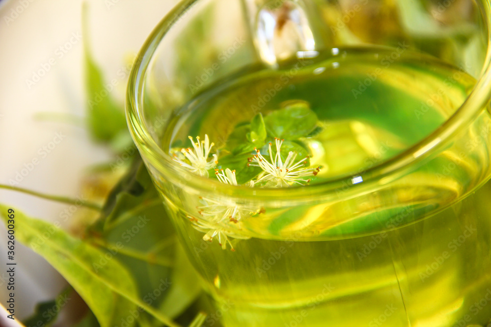 A Cup of lime tea with mint and lime flowers. A Cup of lime tea with mint and lime flowers.