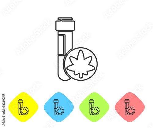 Grey line Chemical test tube with marijuana or cannabis leaf icon isolated on white background. Research concept. Laboratory CBD oil. Set icons in color rhombus buttons. Vector Illustration.