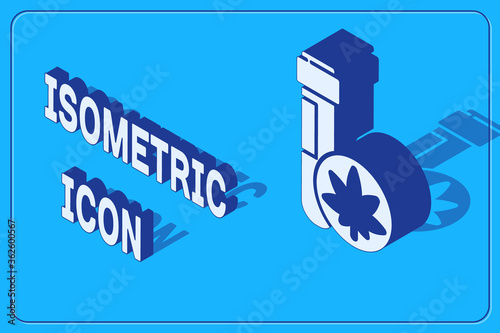 Isometric Chemical test tube with marijuana or cannabis leaf icon isolated on blue background. Research concept. Laboratory CBD oil. Vector Illustration.