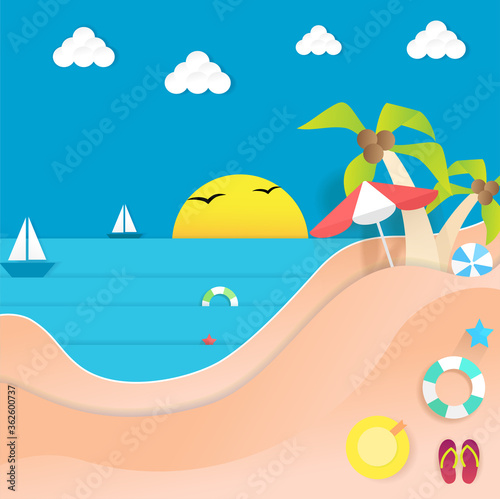 Summer beach paper poster  background. For wallpaper  banner and placard. Summer beach template for flyer and leaflet design. Creative art concept. Vector illustration of summer paper background