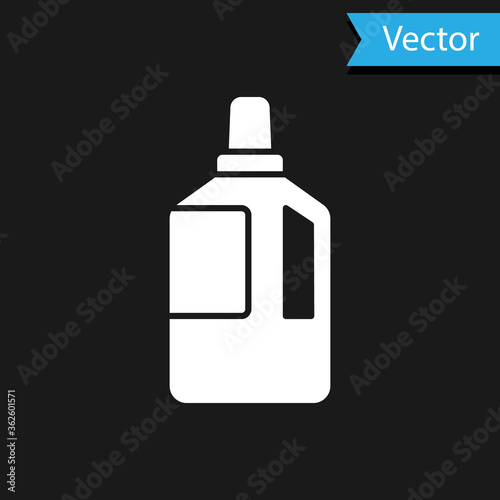 White Fabric softener icon isolated on black background. Liquid laundry detergent, conditioner, cleaning agent, bleach. Vector Illustration.