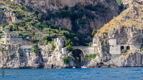 Furore fjord bridge seen from the sea, amalfi coast, italy