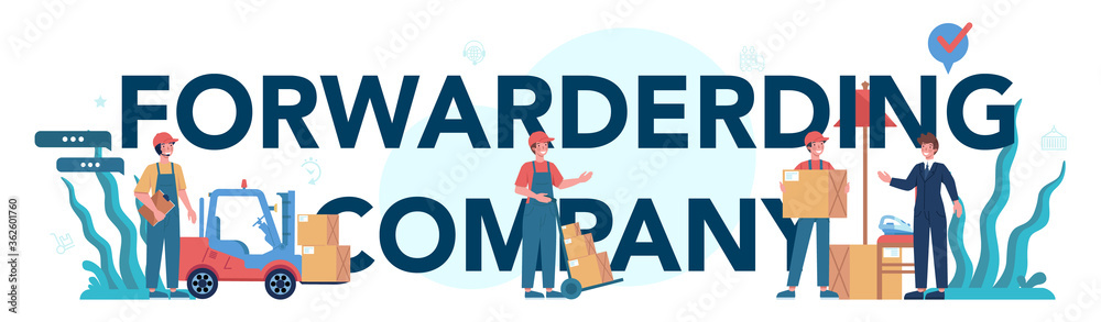 Forwarder typographic header concept. Loader in uniform delivering Forwarder typographic header concept. Loader in uniform delivering