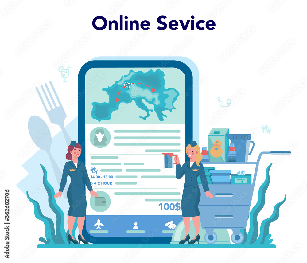 Stewardess online service or platform. Beautiful female flight Stewardess online service or platform. Beautiful female flight
