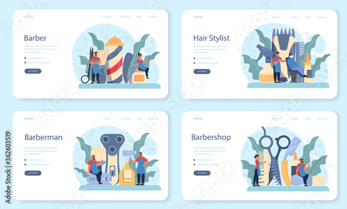 Barber web banner or landing page set. Idea of hair and beard care.