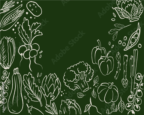 set of different doodle vegetable hand draw simple sketch outline and softly shadow charm of vegetable design. illustration isolated on green background