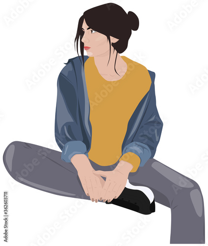 Woman dressed in gray pants, black sneakers, yellow t-shirt and blue jacket l...