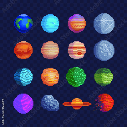 Planets pixel art set. 80s video game sprites. Solar system objects, flat style. Various space planets, Sci-fi, fantastic world vector icons. Cosmic collection for game design.