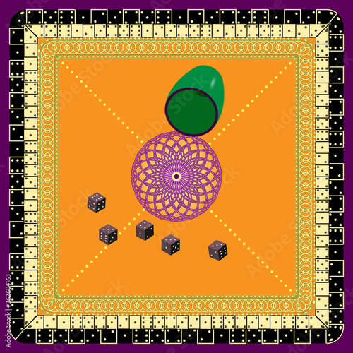 Vector Stylized Pattern of Orange Dice Mat, Cup for Stirring and Throwing. Possible Use in Design Solution