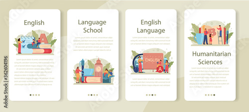 English class mobile application banner set. Study foreign languages