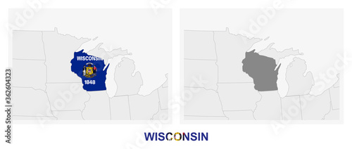 Two versions of the map of US State Wisconsin, with the flag of Wisconsin and highlighted in dark grey.