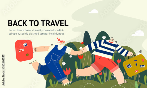 Men and woman running toghether this suitcases. Hurring couple. Back travel. Web banner photo