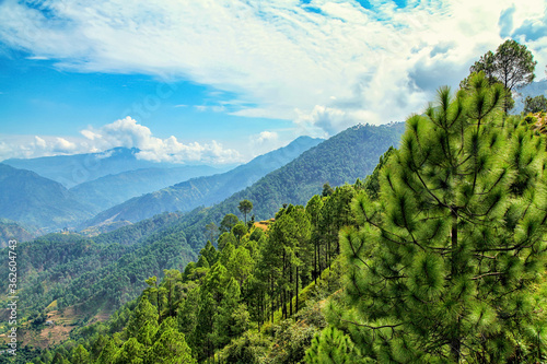 Beautiful view of green himalaya range, near Chaukori, Uttarakhand, India.