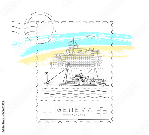 Geneva stamp vector illustration and typography design, Traditional steamboat and the city of Geneva in the background, Geneva or Genève, Switzerland