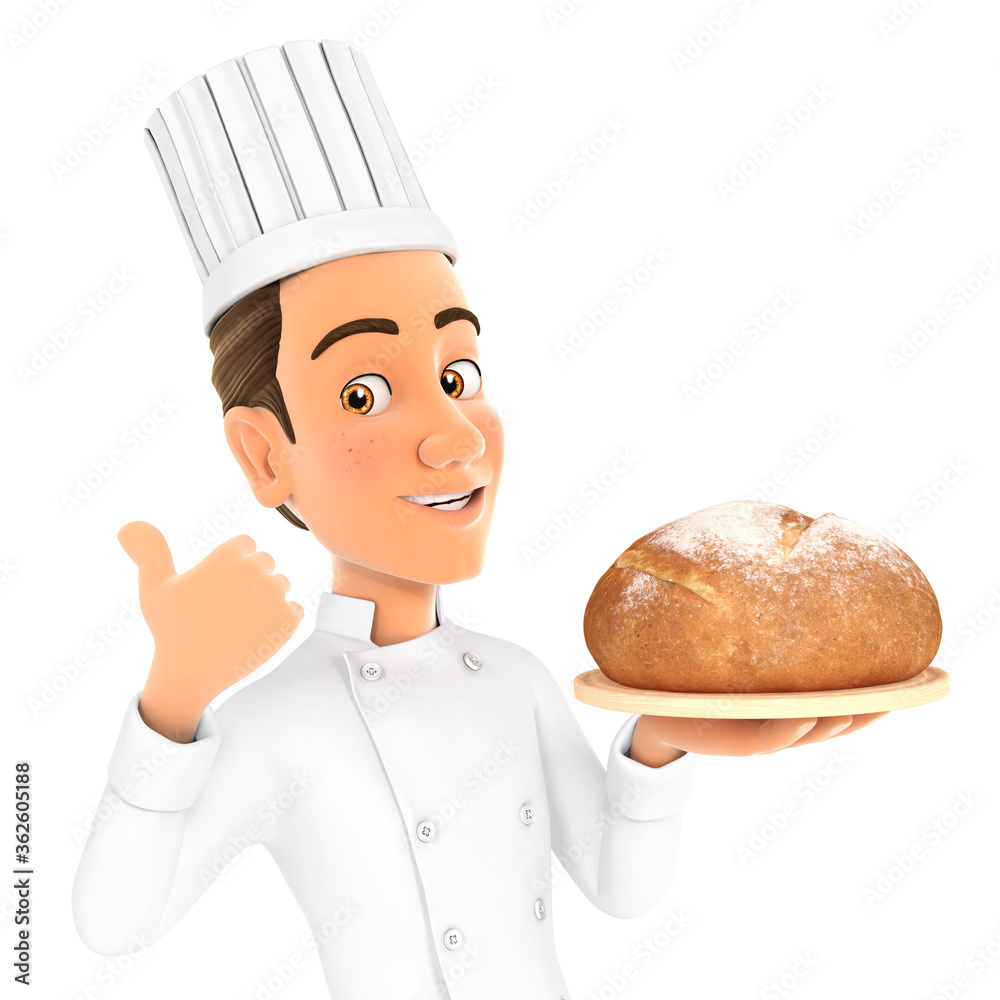 3d head chef holding bread with thumb up 3d head chef holding bread with thumb up