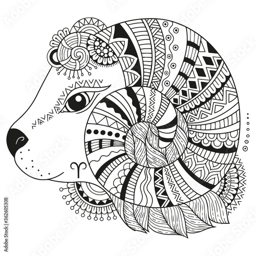 Vector coloring book for adults. Silhouette of sheep isolated on white background. Zodiac sign aries. Sheep.