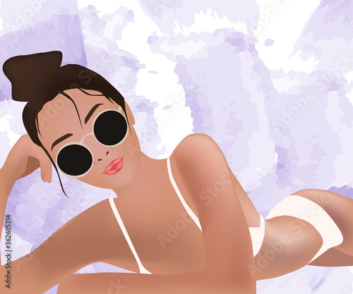 Brunette with sunglasses and pink lips and in swimsuit looking forward while ...