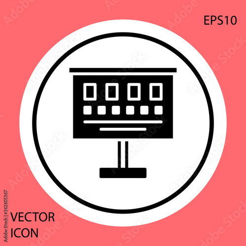 Black Eye test chart icon isolated on red background. Poster for vision testing in ophthalmic study. Snellen chart. White circle button. Vector Illustration.