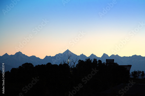 Beautiful landscape of Himalayan snow mountains from Chaukori  Uttarakhand  India