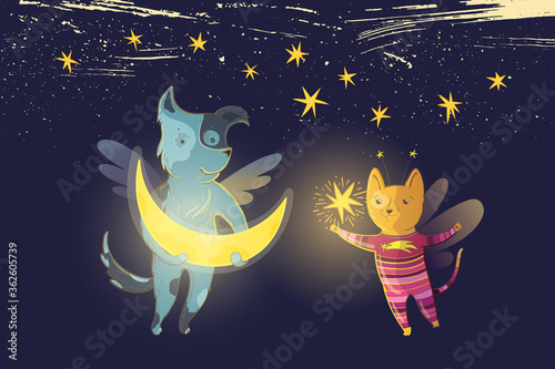 Vector children's fairy illustration with dreamy dog and cat, moon and star on a background of starry sky.