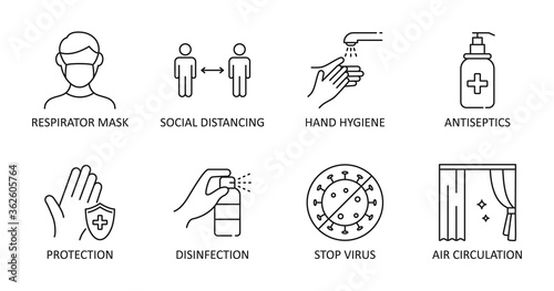 Vector icons. Reopening guidance for cleaning and disinfecting public spaces. Editable Stroke. Respirator mask distance hand hygiene antiseptics. Disinfection protection, stop virus air ventilation