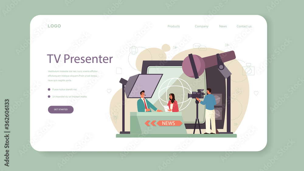 TV presenter web banner or landing page. Television host in studio