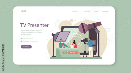 TV presenter web banner or landing page. Television host in studio