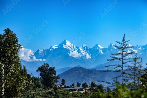 Beautiful landscape of Himalayan snow mountains from Chaukori, Uttarakhand, India photo