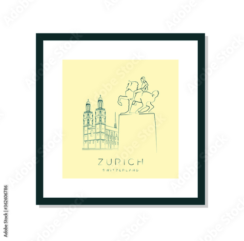 Zurich poster  vector illustration and typography design  grossmunster church and rider statue  Switzerland