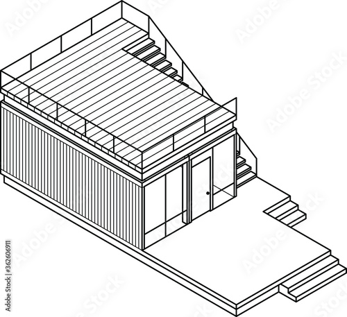 3D Line-art drawing of a house/building made out of shipping containers.