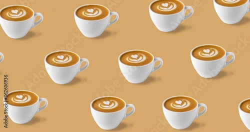 Seamless pattern with many coffee cups with rosetta latte art isolated on a cream background. animated pattern or template for summer drink menu of cafe and restaurant with copy space