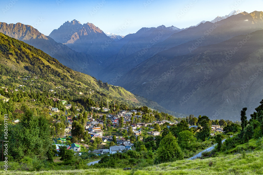 View of beautiful Panchchuli peaks and Munsiyari Town, Uttarakhand, India.