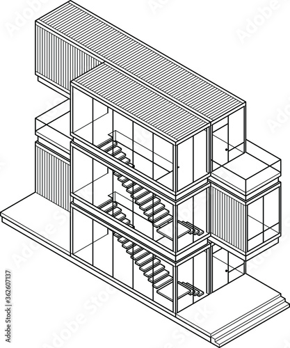 3D Line-art drawing of a house/building made out of shipping containers.