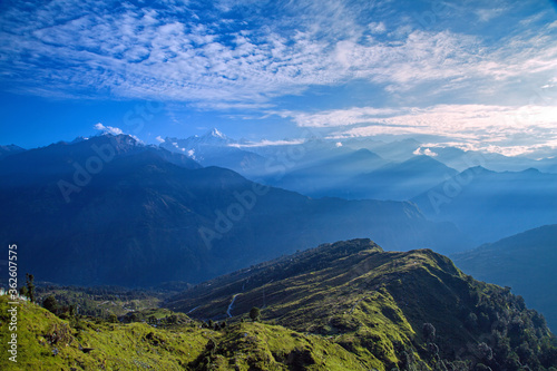 View of beautiful Panchchuli Peaks of the Great Himalayas as seen from Munsiyari, Uttarakhand, India. © artqu