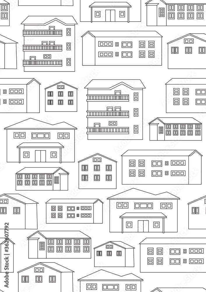 Seamless pattern with houses, balconies as background or texture, outline or linear vector stock illustration with colorless architecture as anti stress coloring book
