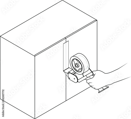 Hand using a packing tape role dispenser to apply tape vertically down a carton.