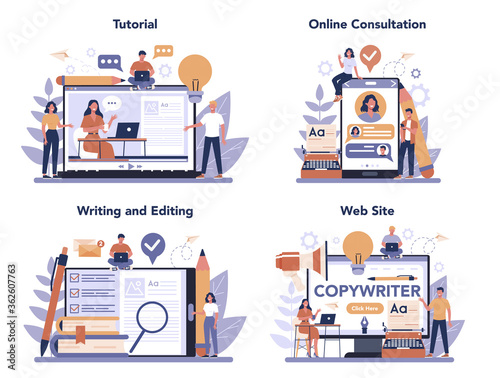 Copywriter online service or platform set. Idea of writing texts,